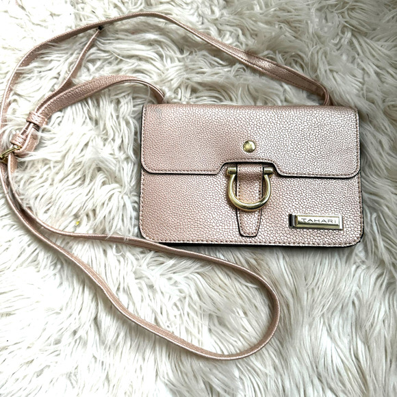 Tahari Rose Gold Mini Glamper Cross Body Bag Faux Pebble Leather - Picture 5 of 12